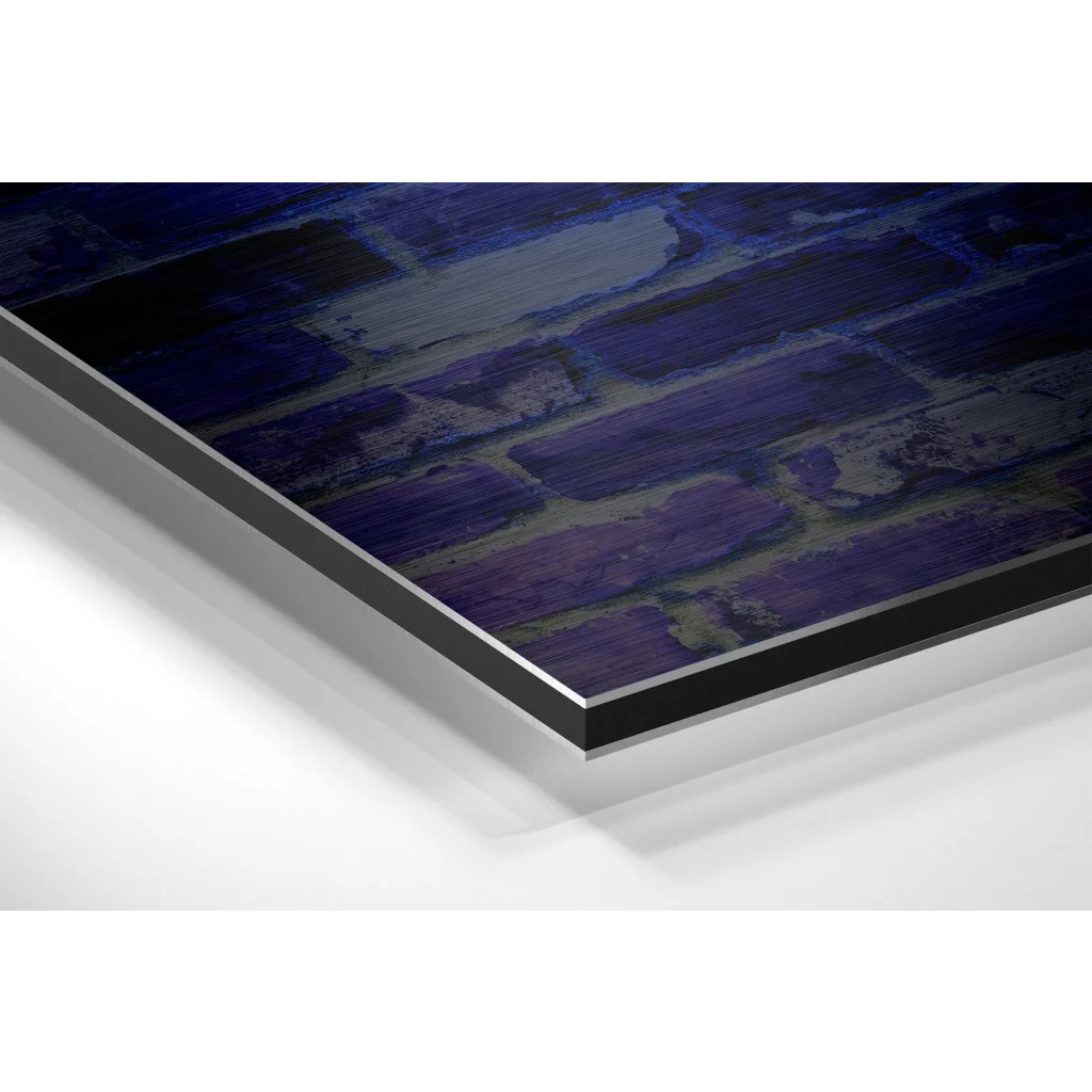 Stunning brushed aluminium dibond print of textured brick wall in purples and blues