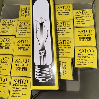 Satco S3251 tubular frosted standard base light bulbs in yellow boxes, lot of 20