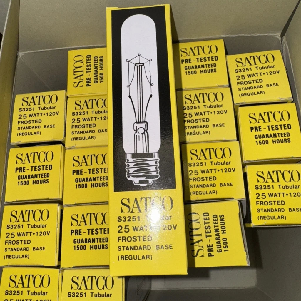 Satco S3251 tubular frosted standard base light bulbs in yellow box