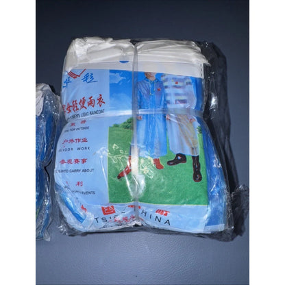 Blue white waterproof men light poncho in clear plastic pack with graphic
