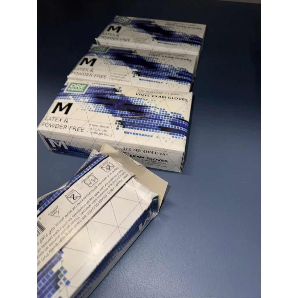 Lot of 4 Dre Health medium disposable vinyl exam gloves in white blue boxes