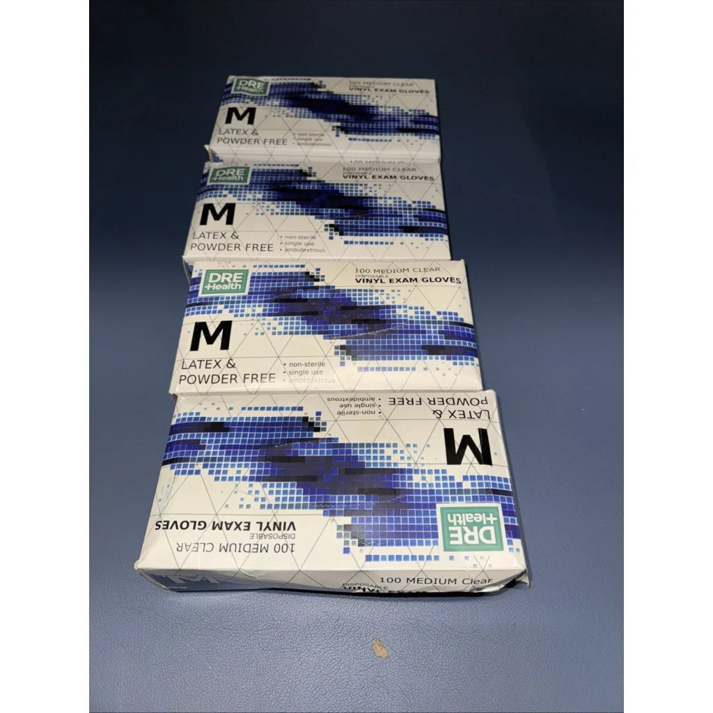 Four Dre Health medium disposable vinyl exam gloves boxes, latex powder free
