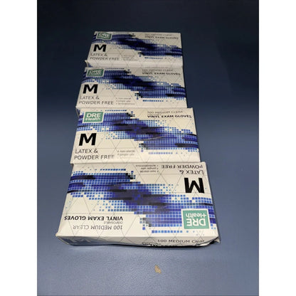 Four Dre Health medium disposable vinyl exam gloves boxes, latex powder free