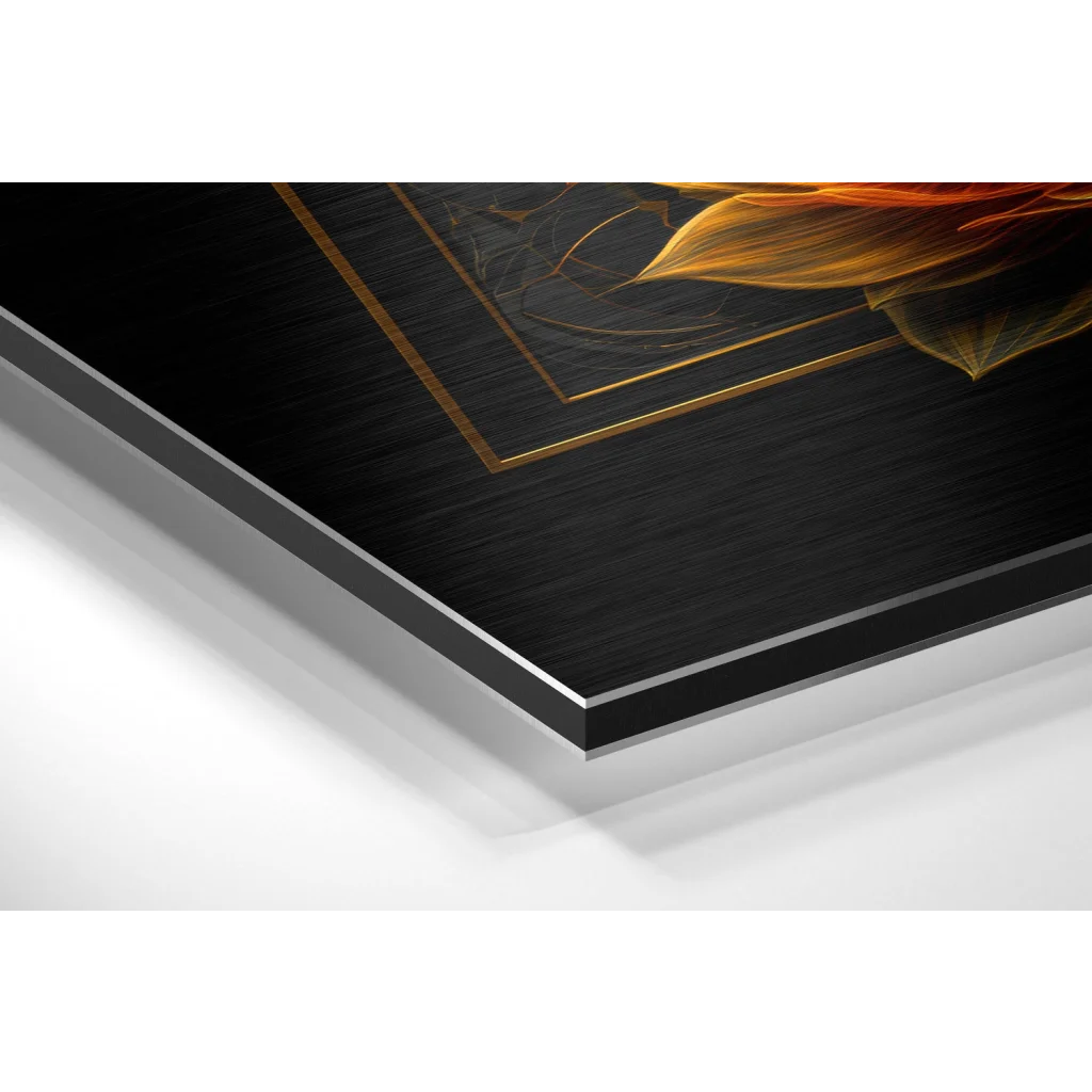 Fiery orange lotus art print on brushed aluminium dibond with gold geometric lines