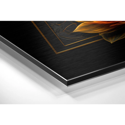 Fiery orange lotus art print on brushed aluminium dibond with gold geometric lines