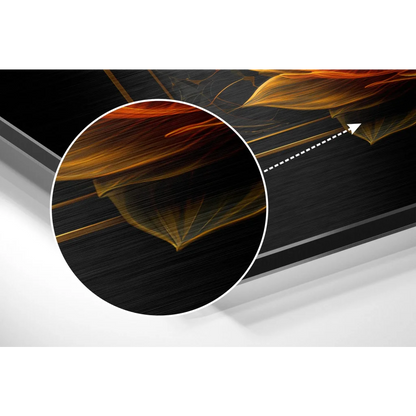 Sleek black-framed monitor with fiery orange lotus art on brushed aluminium dibond