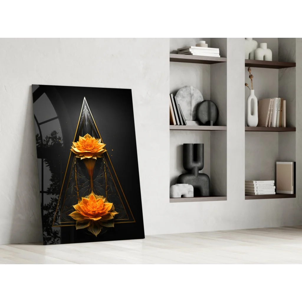 Vibrant orange lotus glass wall art with gold geometric frame