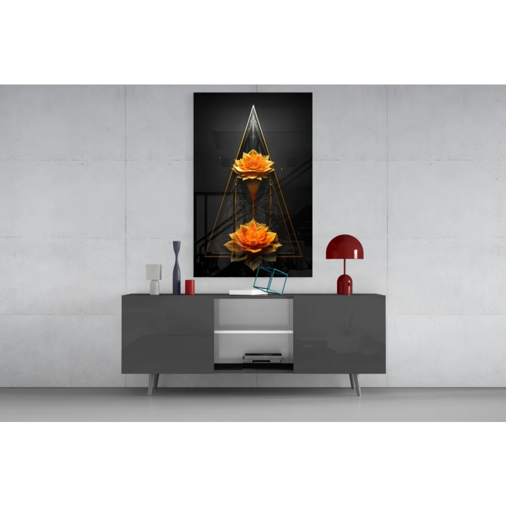 Vibrant orange lotus glass wall art with gold geometric frame
