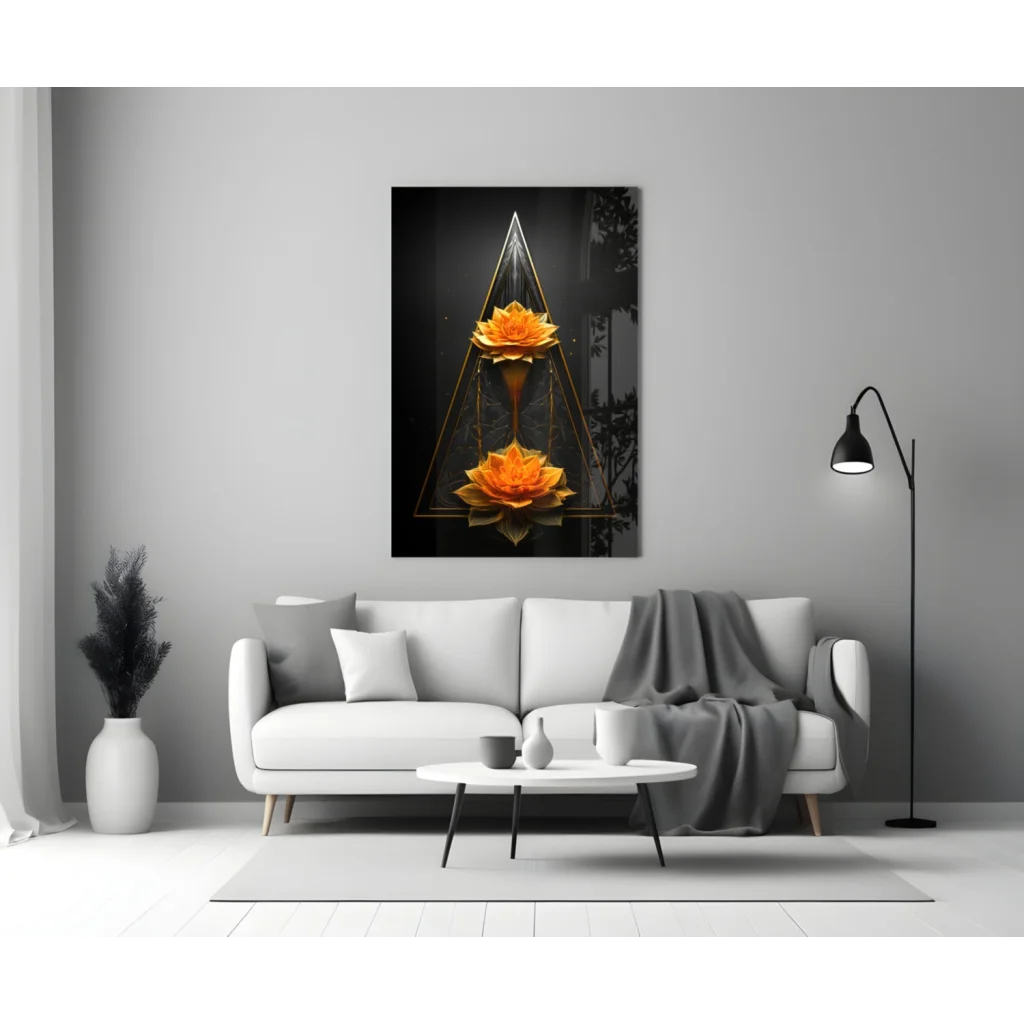 Vibrant orange lotus glass wall art in black-gold geometric frame