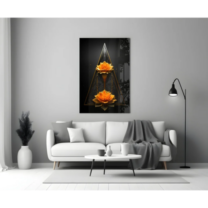 Vibrant orange lotus glass wall art in black-gold geometric frame