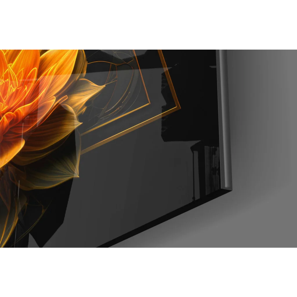 Stunning orange lotus glass wall art with gold geometric frame