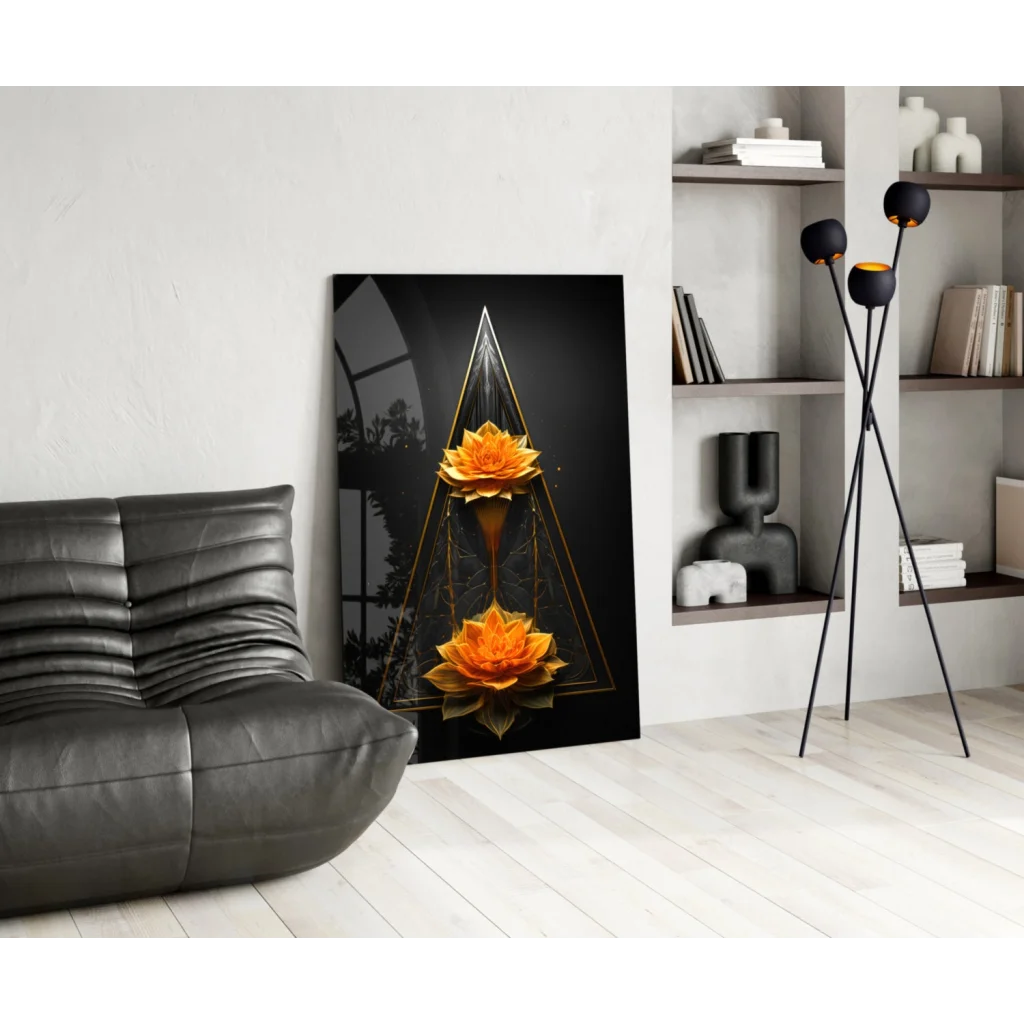 Vibrant orange lotus glass wall art in gold geometric frame