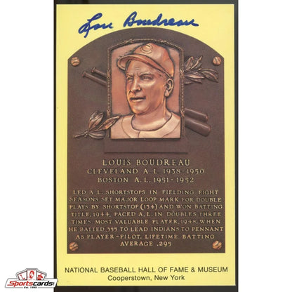 Lou Boudreau signed HOF postcard with Baseball Hall of Fame plaque