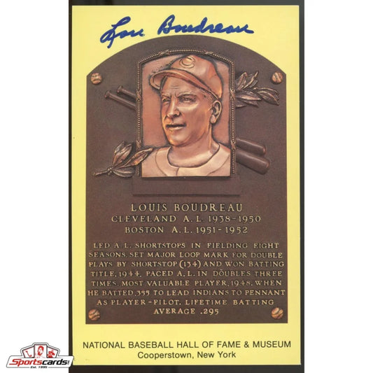 Lou Boudreau signed HOF postcard with Baseball Hall of Fame plaque