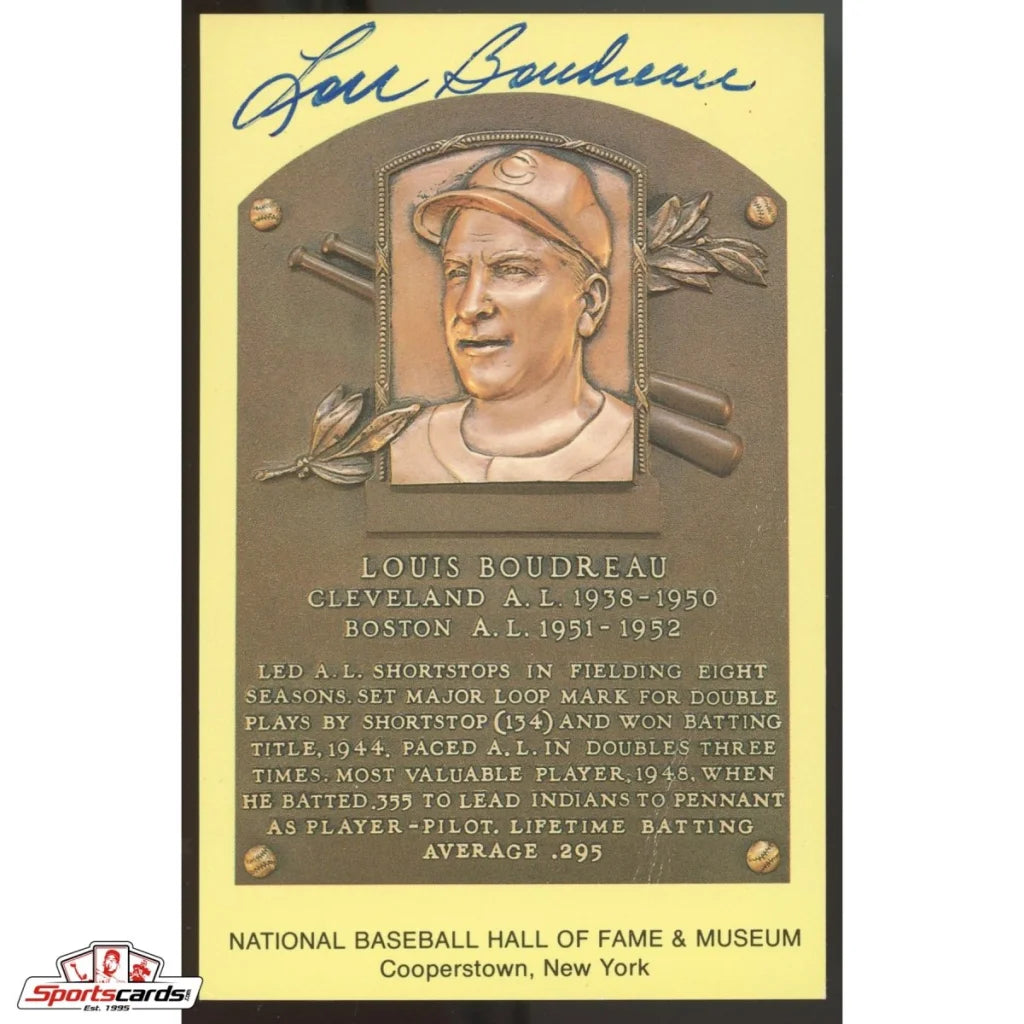 Lou Boudreau signed HOF postcard with gold plaque portrait