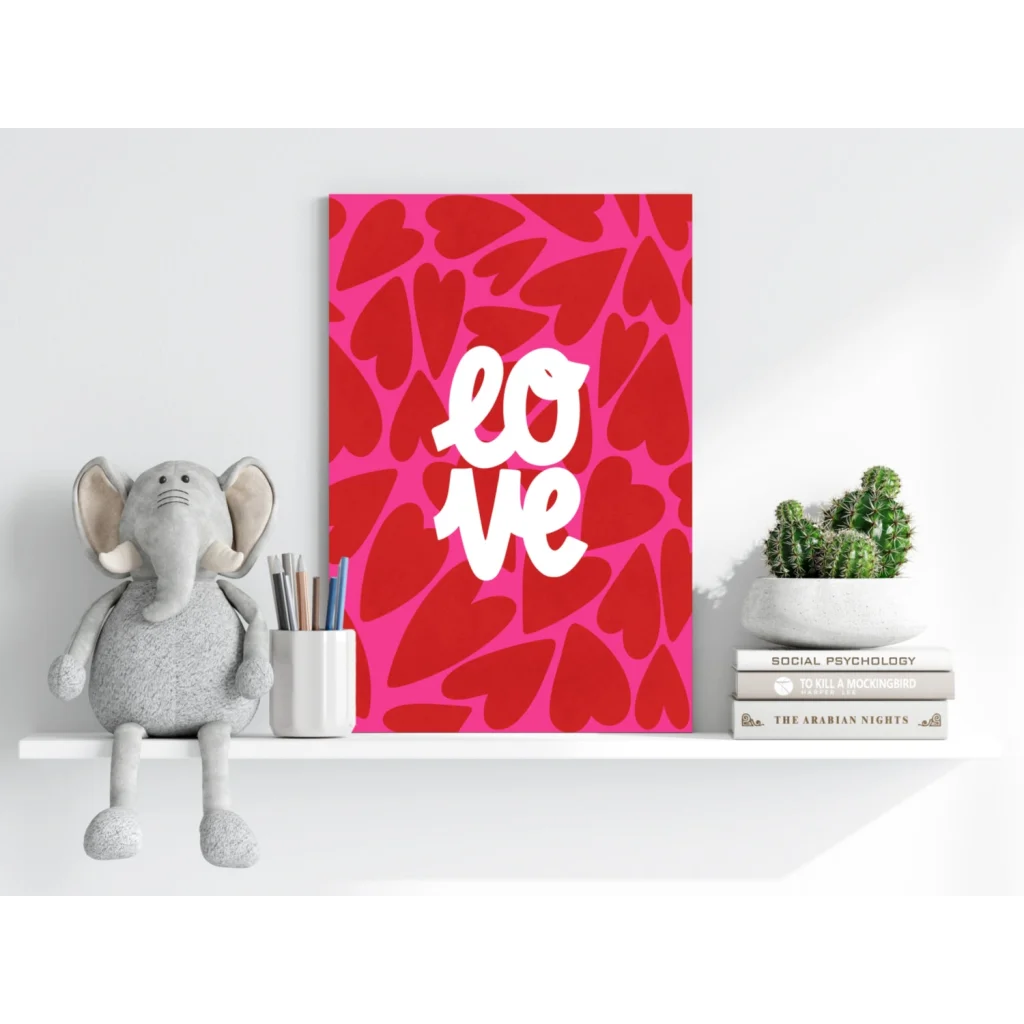 Vibrant pink love hearts insigne aluminum print with bold white lettering