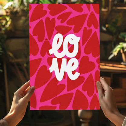 Vibrant pink love hearts insigne aluminum print with red hearts and white love script