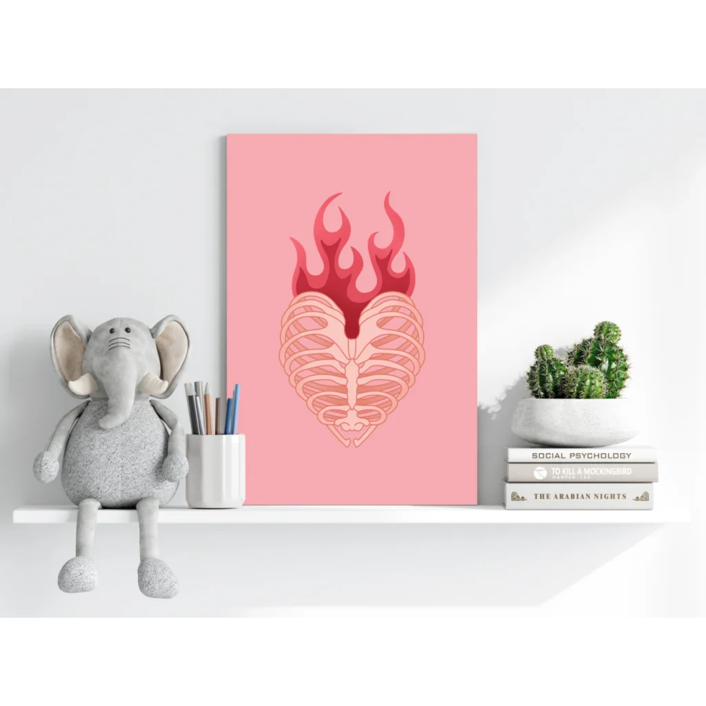 Pink flaming heart ribcage on Insigne aluminum print