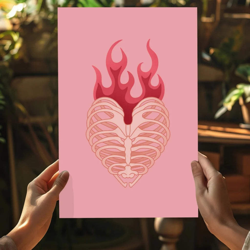 Pink flaming heart ribcage with red flames on Insigne aluminum print