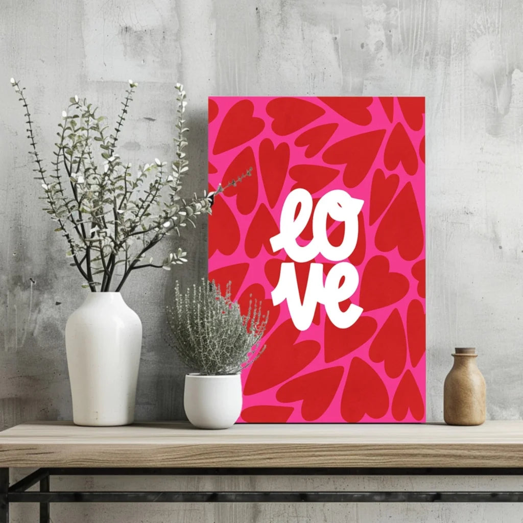 Vibrant pink Love Hearts Insigne aluminum print with red hearts and love script