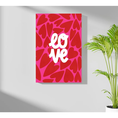 Vibrant pink insigne aluminum print of love in white with red hearts