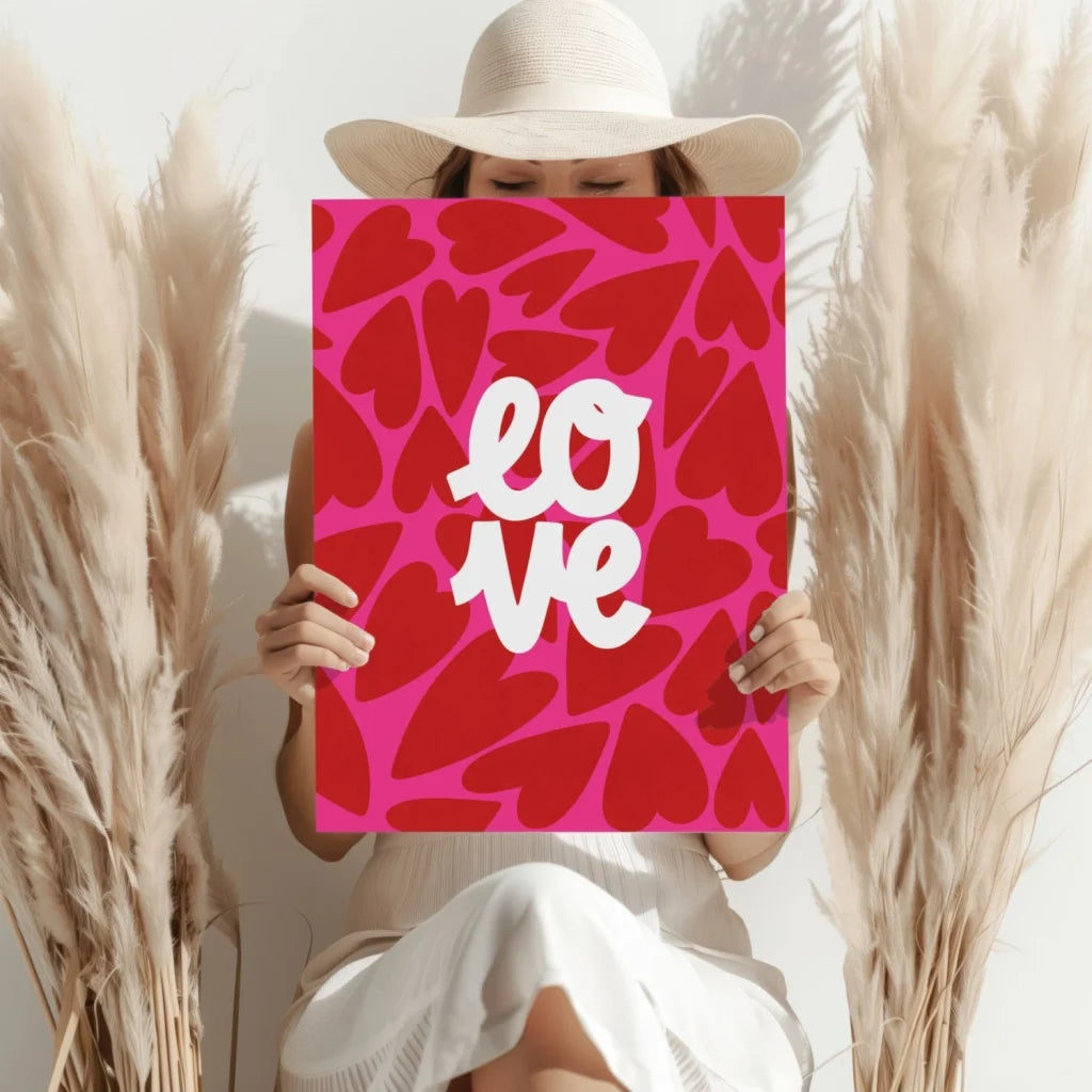 Vibrant pink love hearts insigne aluminum print with bold white text