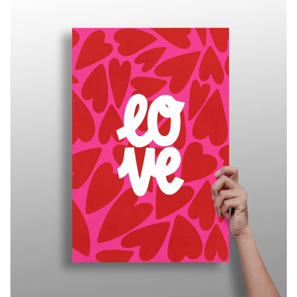 Vibrant pink insigne aluminum print with bold red hearts and love script