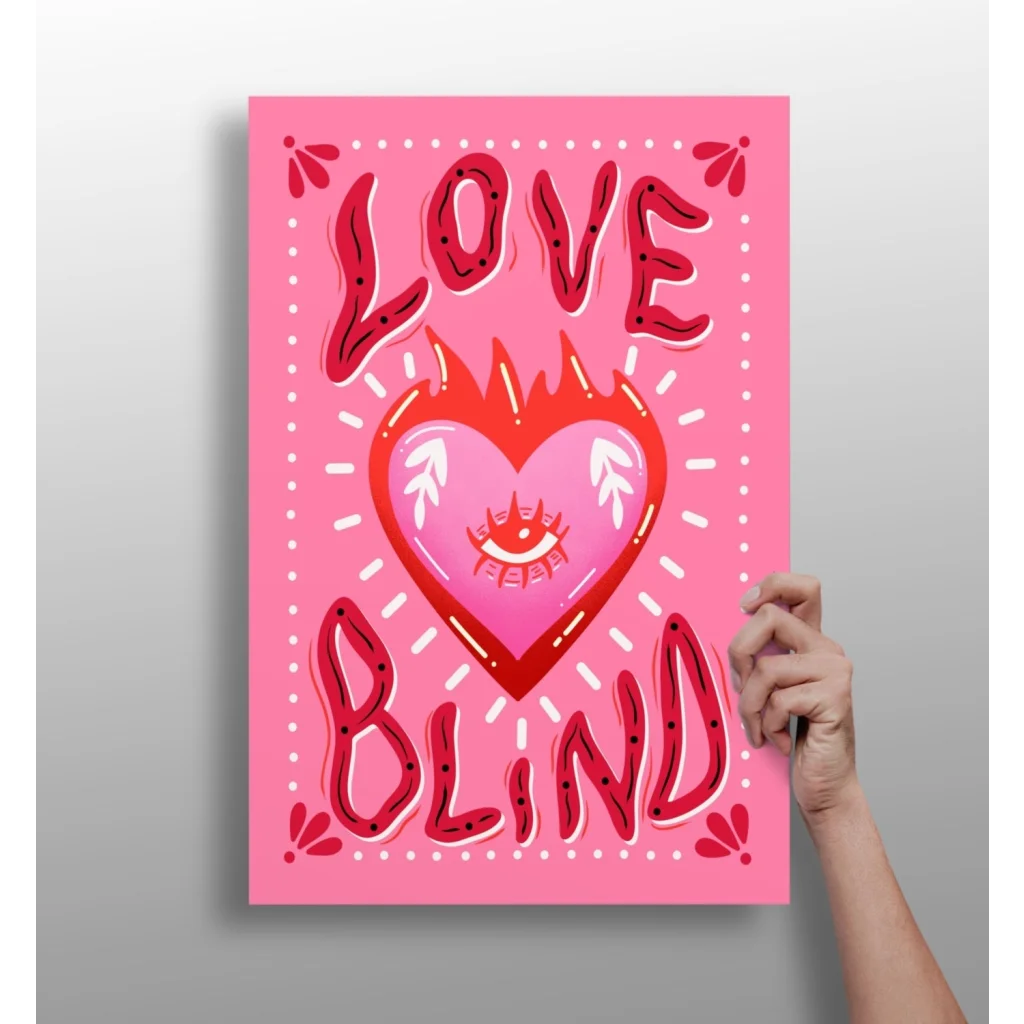 Pink heart canvas wall art with love blind text, eye, and flame design