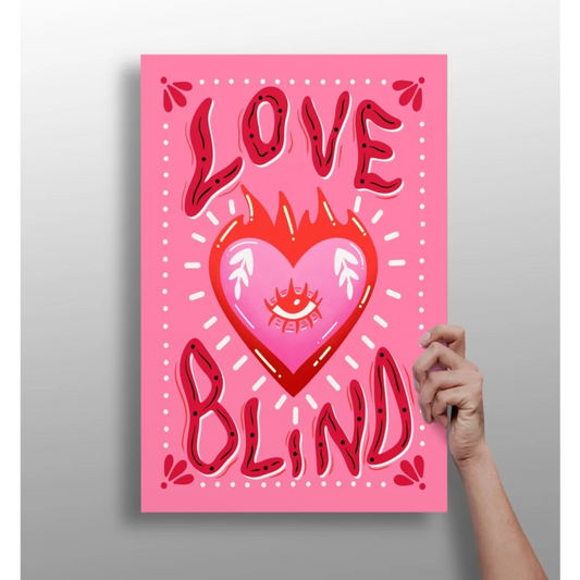 Pink heart canvas wall art with love blind text, eye, and flame design