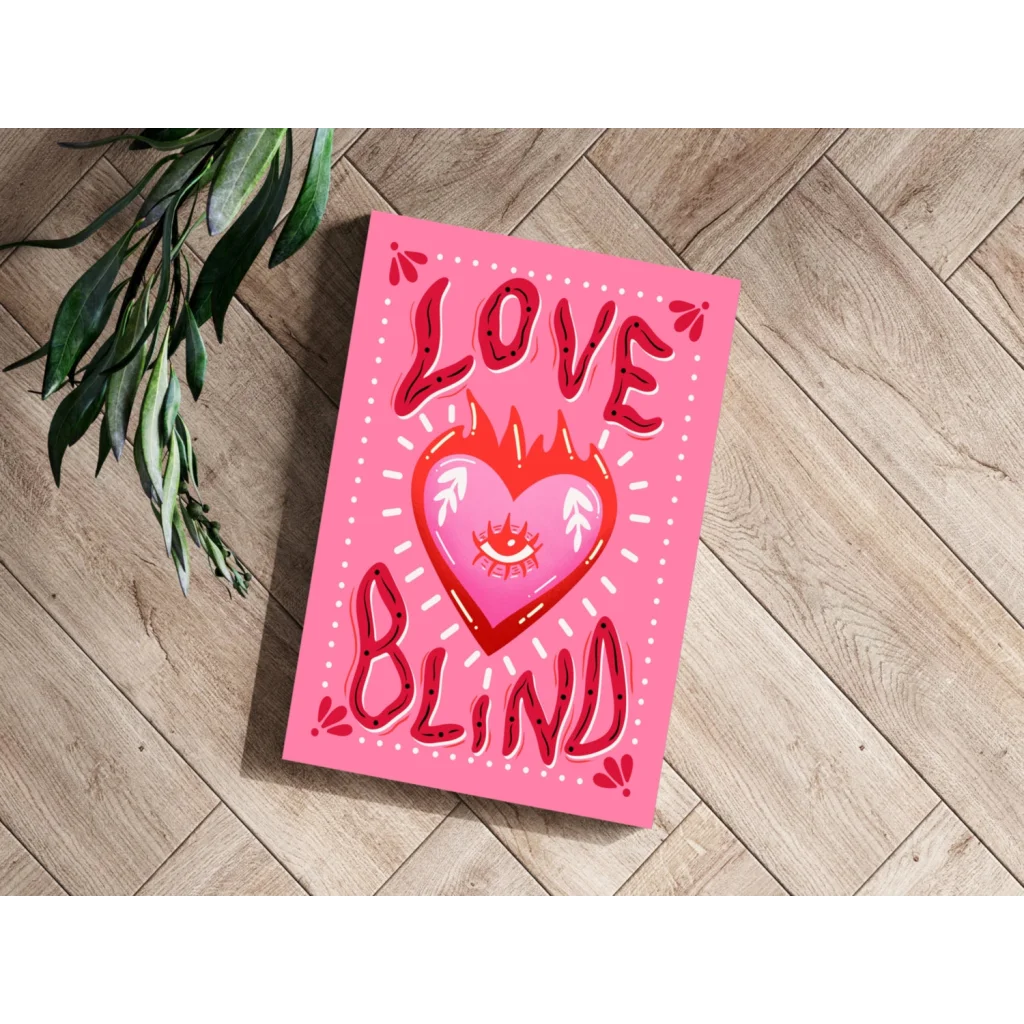 Pink heart canvas art with love blind text and eye design