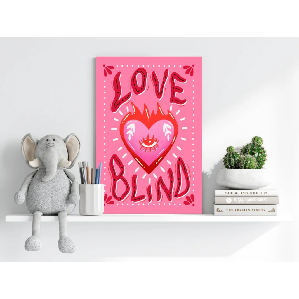 Pink heart canvas wall art with love blind text, eye, and flame design