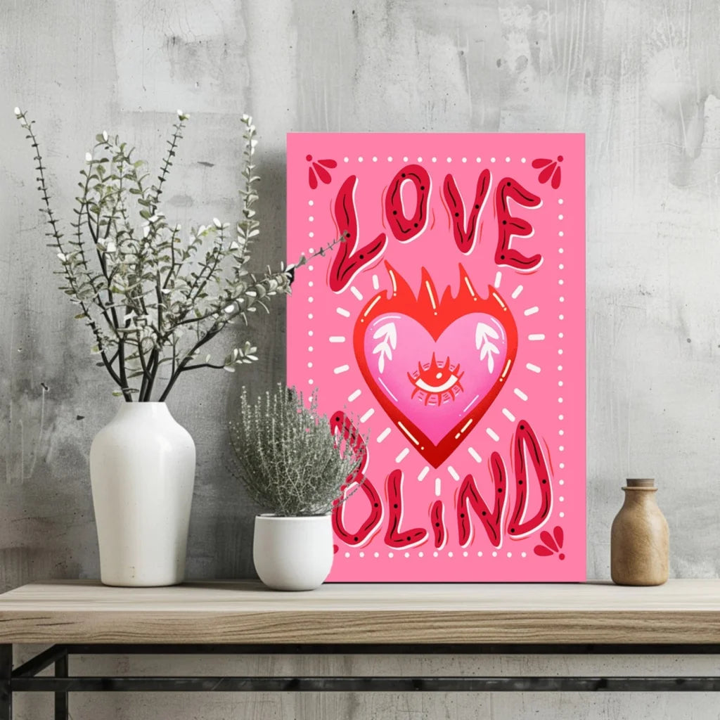 Pink heart canvas art with flame, eye design and love blind text