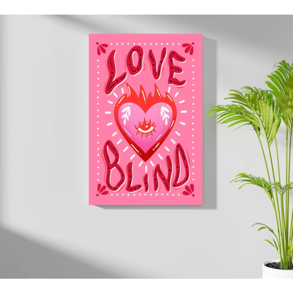 Pink heart canvas art with love blind text and eye design