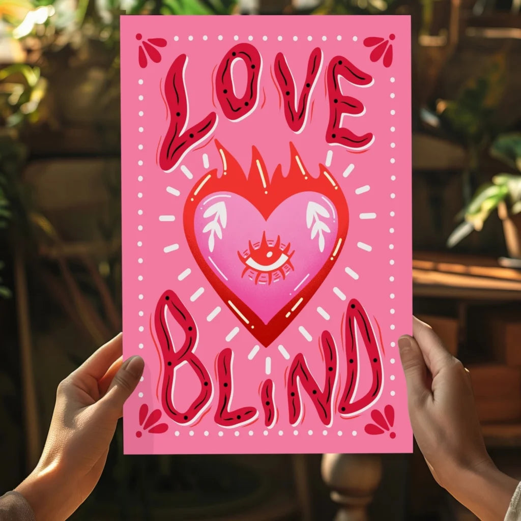 Pink heart canvas wall art with Love Blind text, eye and flame design