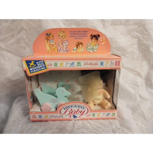 Rare 1987 Love A Bye Baby Doll with blue duck baby carriage set