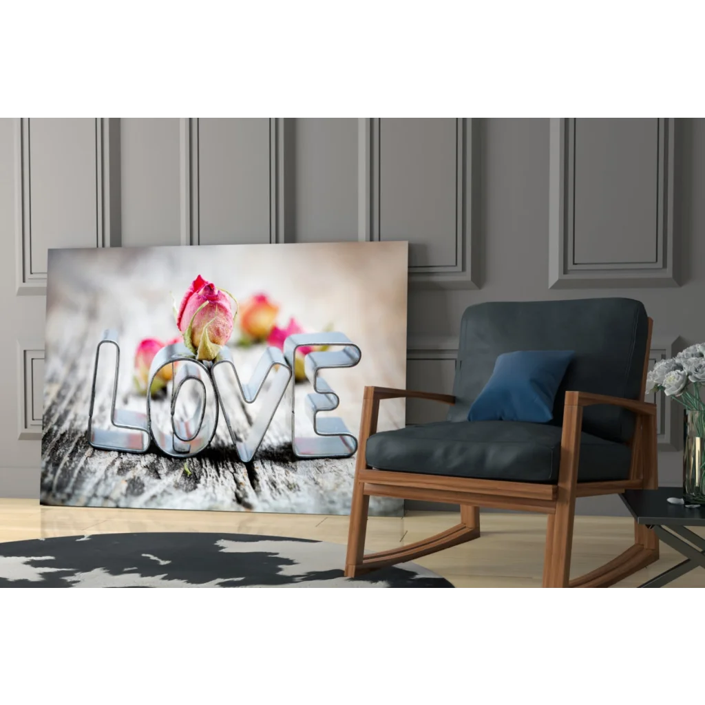 Love Roses silver metallic glass wall art with pink roses