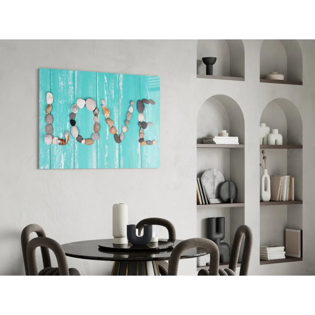 Turquoise wood wall art with love spelled in natural stones