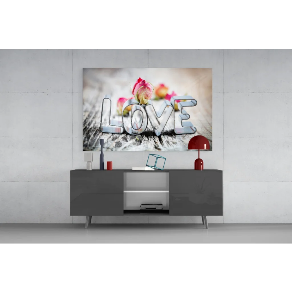 Love Roses silver metallic glass wall art canvas print with bold letters and roses