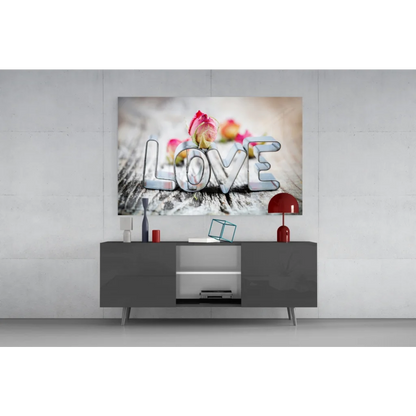 Love Roses silver metallic glass wall art canvas print with bold letters and roses