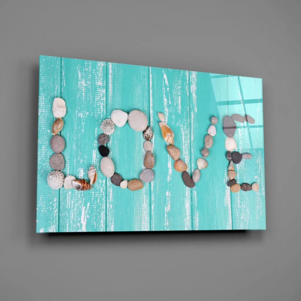 Turquoise wood canvas wall art with love in stones and seashells