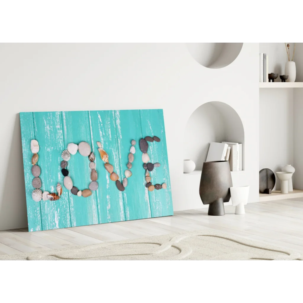 Turquoise wood canvas love stone wall art with natural pebbles