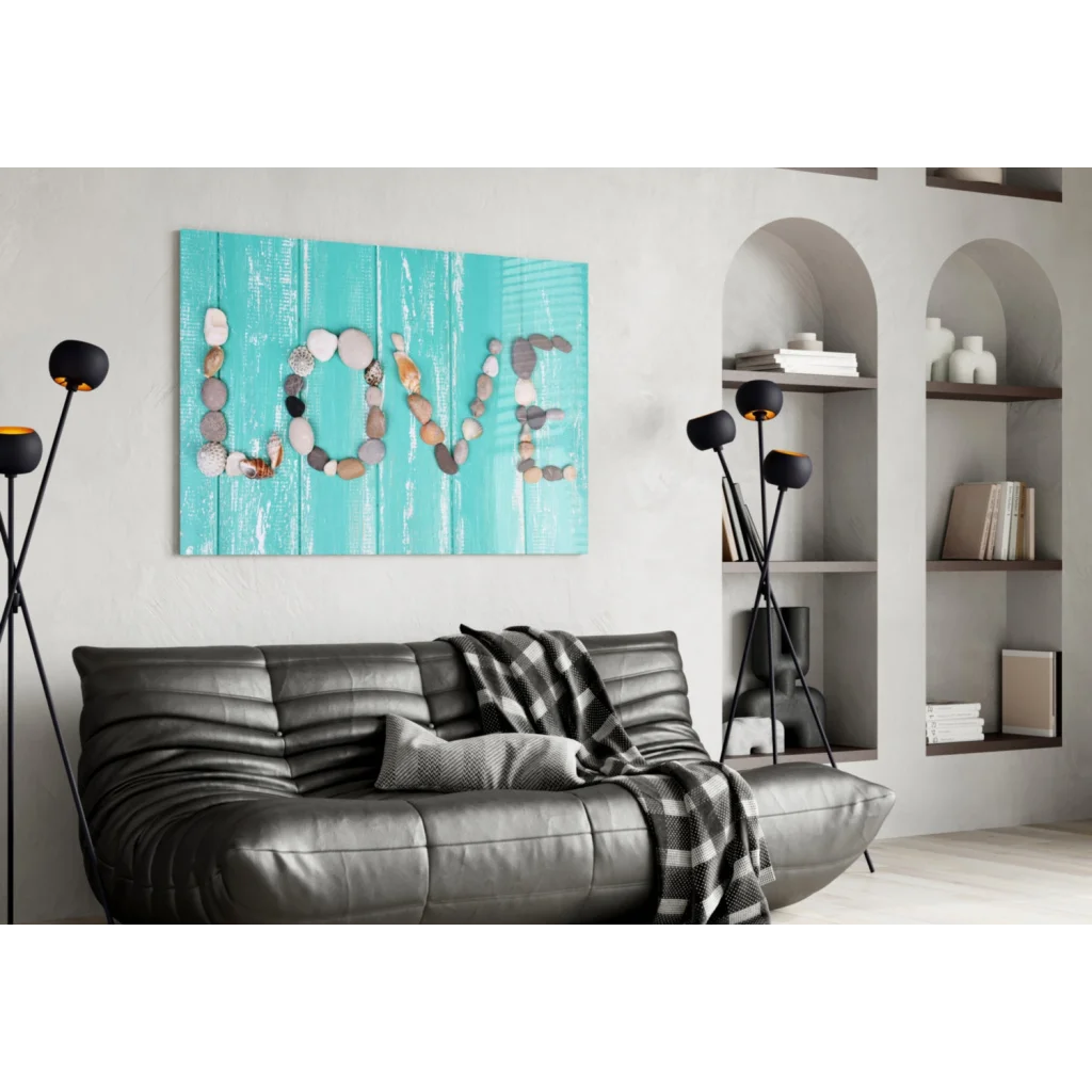 Turquoise wood love stone wall art with smooth beach stones
