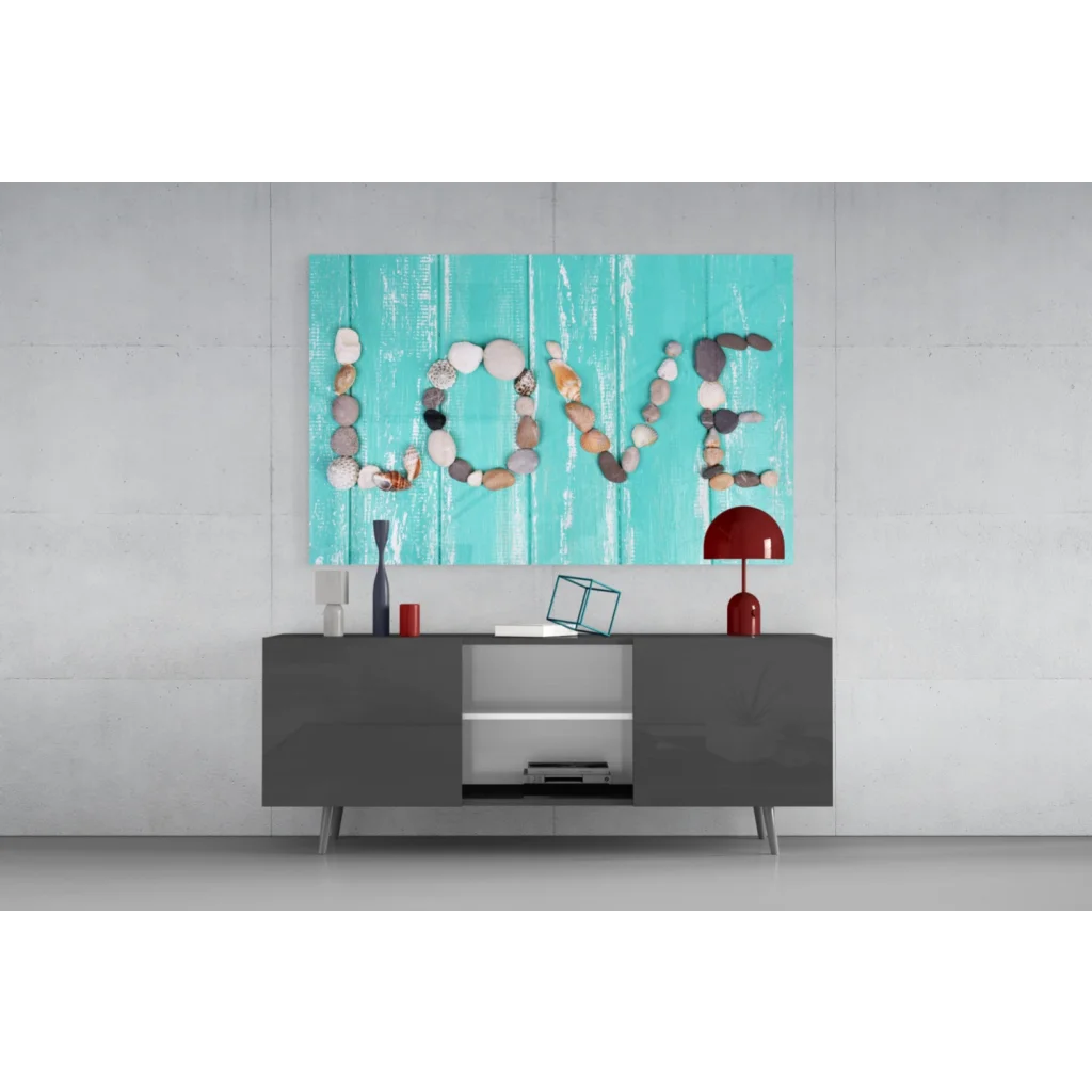 Turquoise love stone wall art on wood canvas with earthy stones