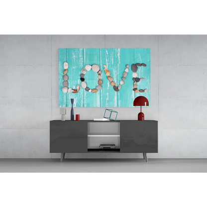 Turquoise love stone wall art on wood canvas with earthy stones