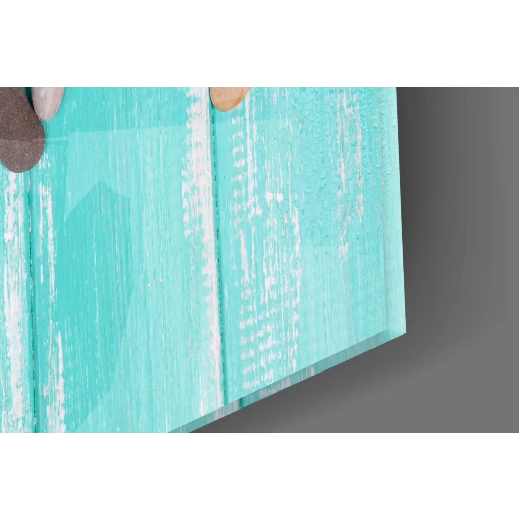 Translucent turquoise glass wall art with whitewashed wood grain texture