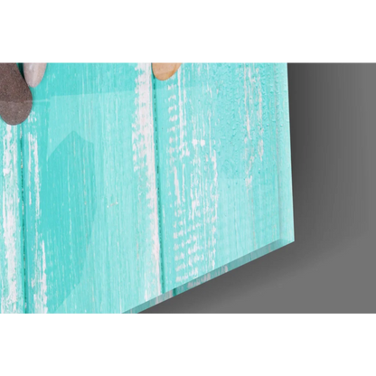 Translucent turquoise glass wall art with whitewashed wood grain texture