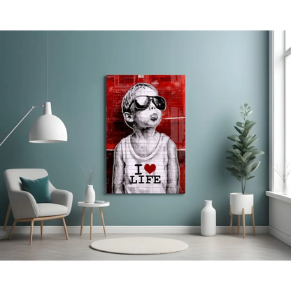 Bold red and black wall art canvas print of stylized child in sunglasses with I love life shirt