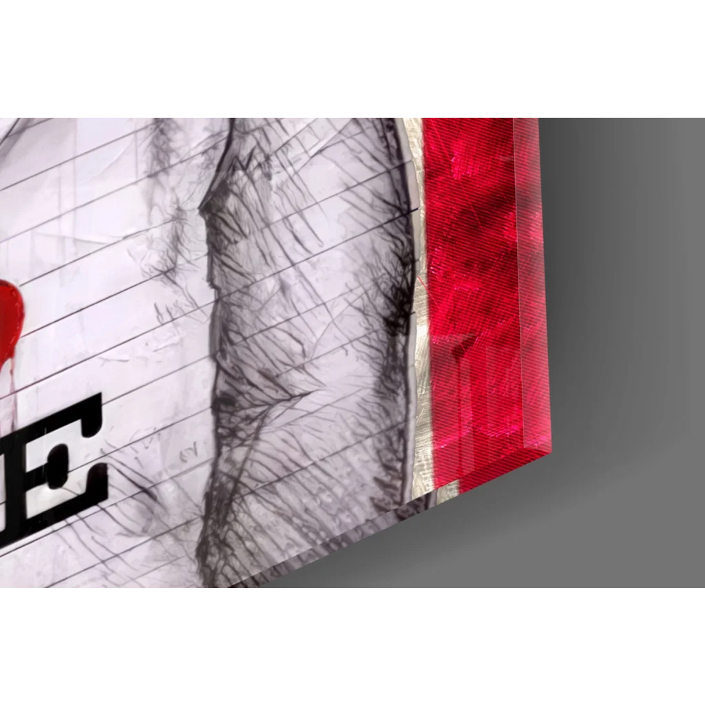 Striking red textured glass wall art with patriotic boy sketch print