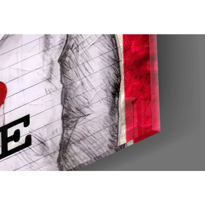 Striking red textured glass wall art with patriotic boy sketch print