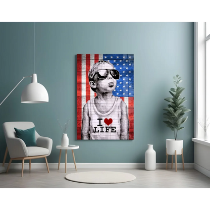Stylized boy in sunglasses and I love life tank top on American flag wall art